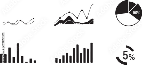 Black and white data visualization icons showing different types of business charts and graphs