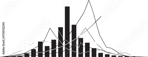 Black and white statistical chart showing data distribution with bars and lines representation for analysis and trend visualization