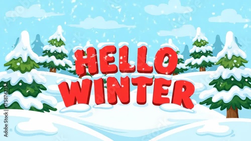 Animated greeting for winter with text gradually changing to hello winter during snowfall in a snowy forest scene footage