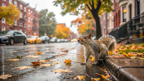 Curious squirrel on a wet city sidewalk surrounded by autumn leaves