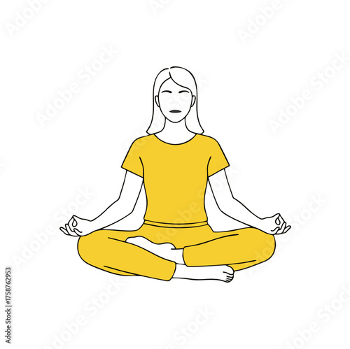 Woman in yellow sportswear sitting in lotus position, meditating with hands in Gyan Mudra.
