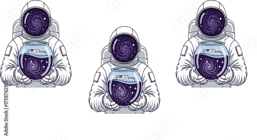 Three astronauts holding galaxy filled fishbowls in outer space