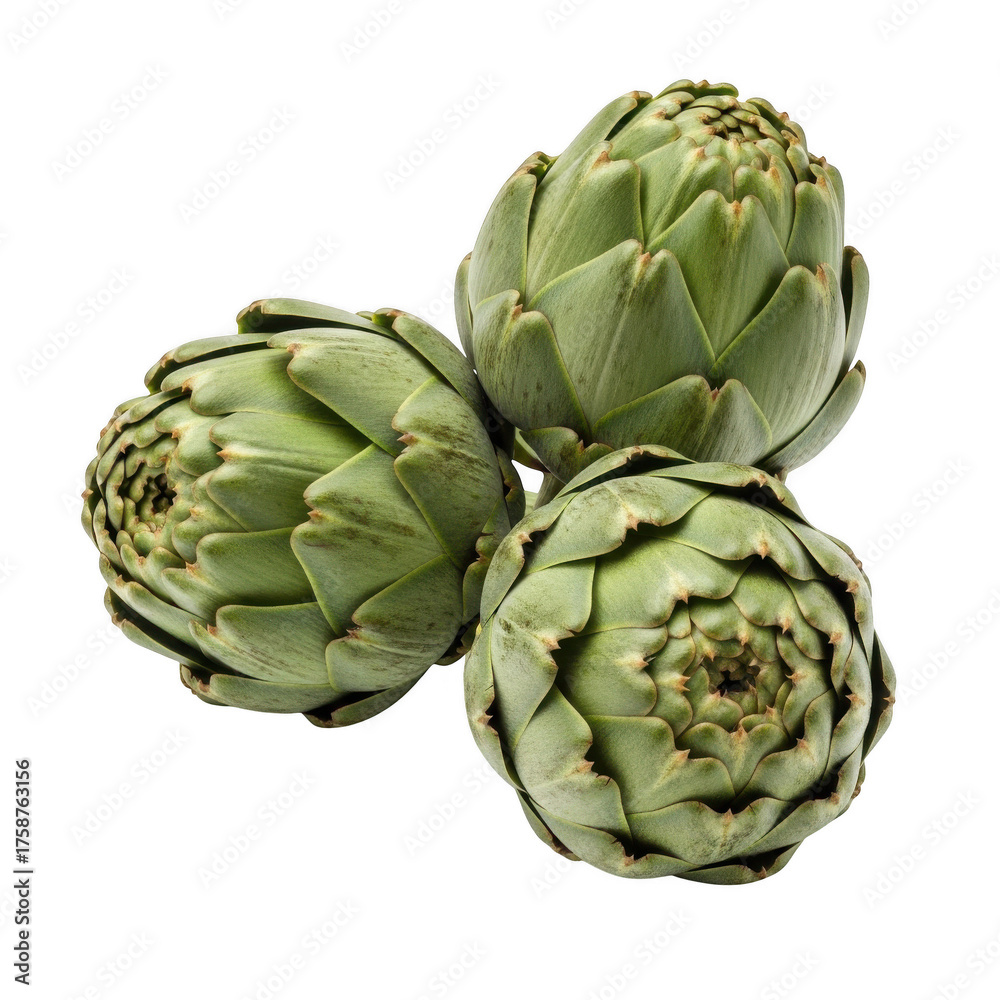 Obraz premium Three fresh green artichokes clustered together a vegetable food