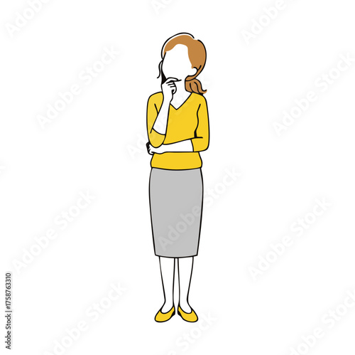 Woman in yellow top and grey skirt contemplating with hand on chin.