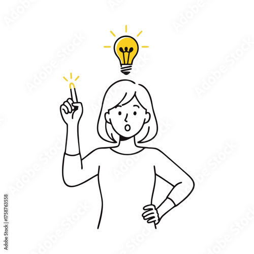 Woman with Lightbulb Above Head Symbolizing a Brilliant Idea.