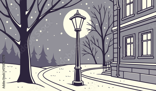 Street lamp glowing in heavy snowfall on empty city street, quiet winter night atmosphere, cinematic light and fog effect.