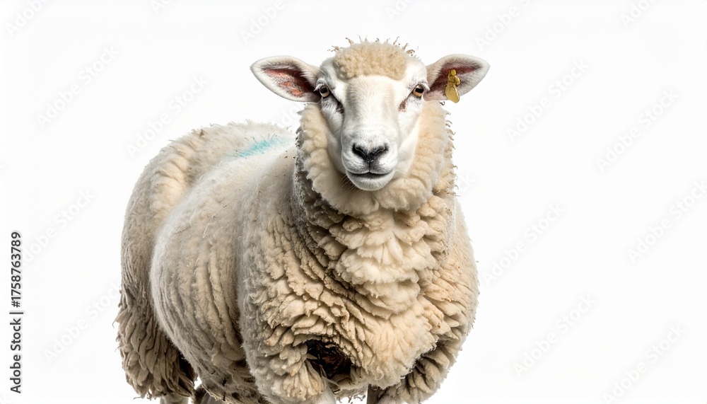 Fototapeta premium Isolated Sheep Portrait - A Close-Up of a Woolly Farm Animal.