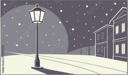 Street lamp glowing in heavy snowfall on empty city street, quiet winter night atmosphere, cinematic light and fog effect.