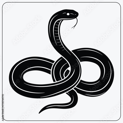 Stylized snake illustration. Black cobra or viper graphic. Coiled serpent symbol for danger, wisdom, or a tattoo design. Vector.