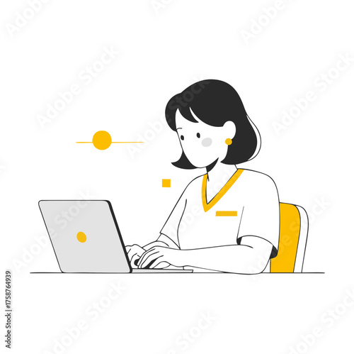 Minimalist line art illustration of a young woman with short dark hair and yellow accents, focused on her laptop.