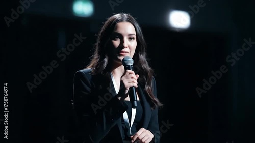 Young excited woman speaker holding microphone and gesturing on stage for event or conference, presenting business idea footage.