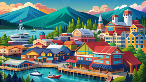 Very beautiful panoramic view of the town of Ketchikan, Alaska, USA, showcasing colorful waterfront buildings by the cruise ship pier surrounded by forested hills and calm coastal waters.