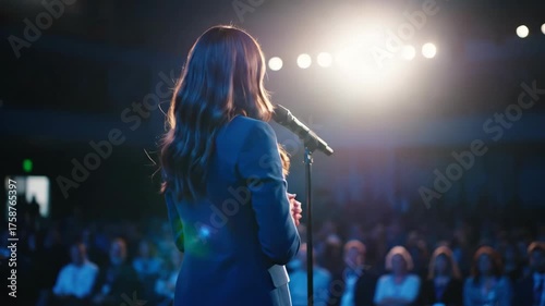 Young excited woman speaker presents to an audience on stage with a microphone during a conference. Professional speech. Footage.