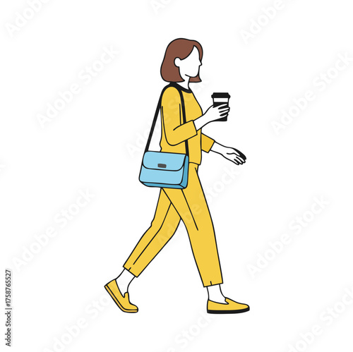 Stylish woman walking with coffee cup and blue shoulder bag, wearing a vibrant yellow outfit, line art illustration.