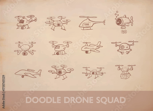 Childlike rough vector doodles of various drones on vintage background. Delivery, underwater, quadcopter, helicopter, airplane, and spy drones