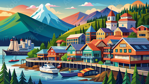 Very beautiful panoramic view of the town of Ketchikan, Alaska, USA, showcasing colorful waterfront buildings by the cruise ship pier surrounded by forested hills and calm coastal waters.