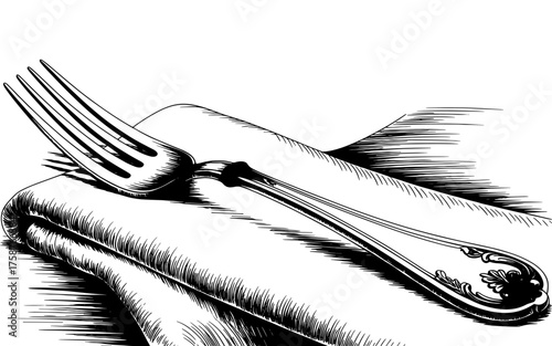 Detailed black and white illustration of an ornate fork resting on a folded napkin, symbolizing dining, elegance, and restaurant service.