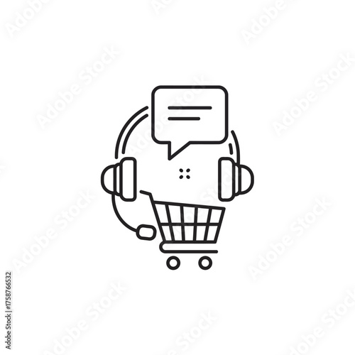 Online Shopping Customer Support Icon with Headset and Shopping Cart.