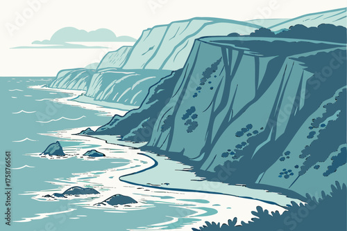 Modern vector of Channel Islands coastal cliffs in soft blue tone
