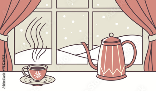 colorfull scene "Steam rising from a teapot and cup with cake and samosa in plate placed on a windowsill, snow falling outside, calm and cozy winter morning indoors."