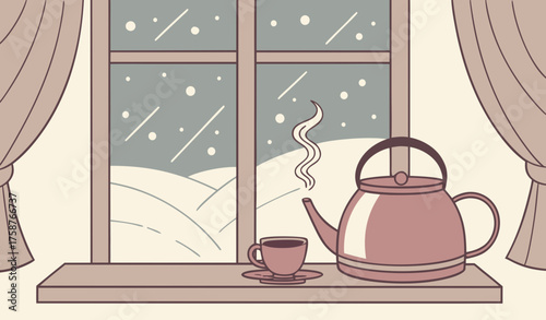 colorfull scene "Steam rising from a teapot and cup with cake and samosa in plate placed on a windowsill, snow falling outside, calm and cozy winter morning indoors."