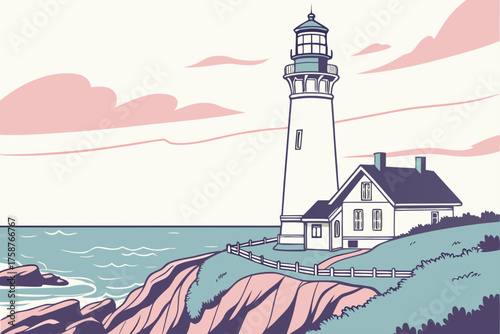 Oregon Coast lighthouse minimal vector, soft pastel hues
