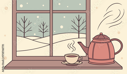 colorfull scene "Steam rising from a teapot and cup with cake and samosa in plate placed on a windowsill, snow falling outside, calm and cozy winter morning indoors." 