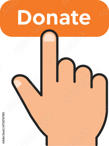 A finger is pressing the orange "Donate" button, symbolizing a call to action for charitable giving.