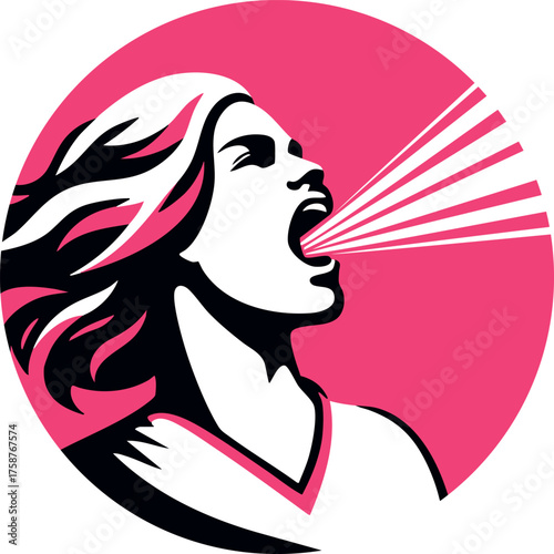 Activist lesbian print: woman feminist promotes  women rights, gender equality and anti cancer. Round trans LGBT logo with screaming girl (vector)