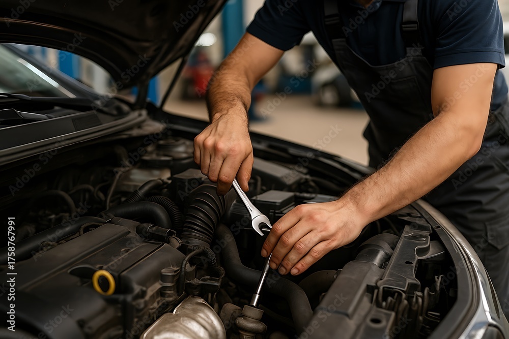 Obraz premium mechanic changing car engine