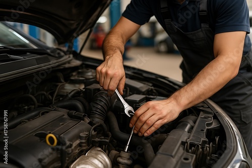 mechanic changing car engine