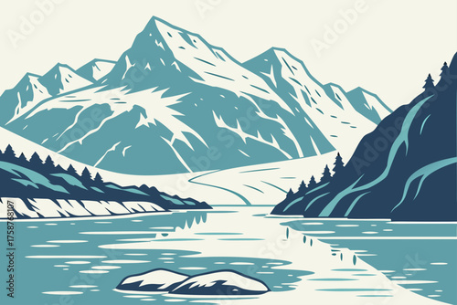 Flat design of Glacier Bay Alaska with icebergs and calm water reflection
