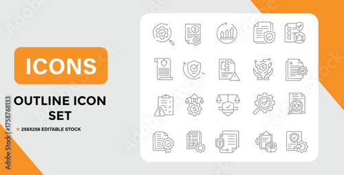 Collection of Outline Icons Representing Business Finance Security and Legal Concepts