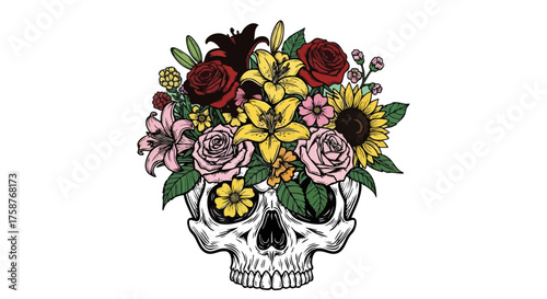Skull adorned with vibrant flowers against a dark background