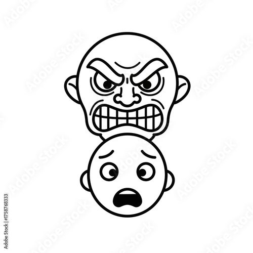 Monochrome line art illustration of an angry face intimidating a scared face.