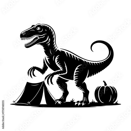 Dynamic raptor silhouette by a tent and autumn pumpkin, portraying a unique prehistoric camping adventure with fall elements