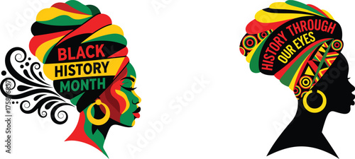 black history month with African woman silhouette, vibrant headwrap, and text