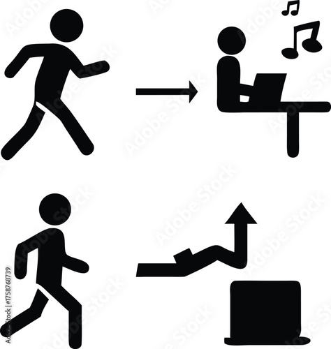 Stick figure progression from physical activity to sedentary work and then to exercise