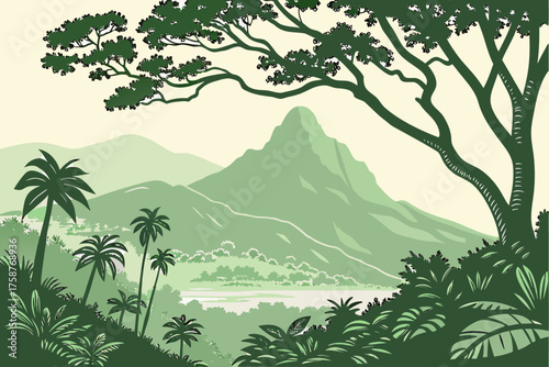 Kauai jungle mountain vector, minimal tropical landscape
