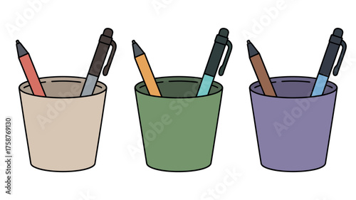 Three cups holding pencils pens and colored pencils isolated on white background