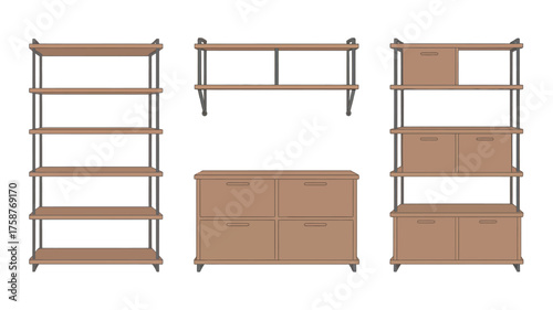 White background highlights the simple design of a brown wooden furniture set, including a chest of drawers, cabinet, and table