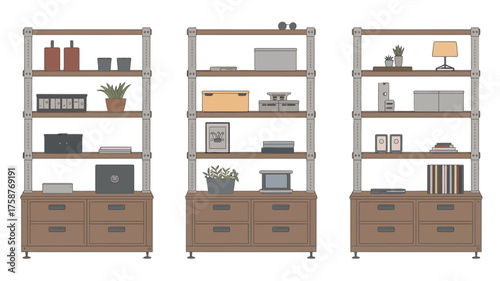 Wooden furniture set in a modern interior room with desk chair cabinet and shelves