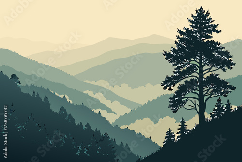 Minimalist vector of Great Smoky Mountains sunrise landscape, misty layered mountains
