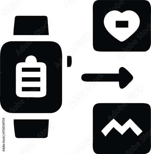 Smartwatch battery health and fitness tracking icons with arrow