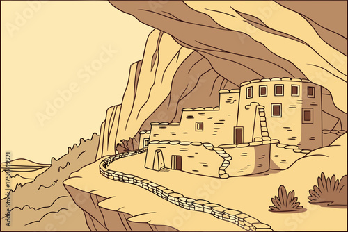 Minimal vector art of Mesa Verde cliff dwellings in warm desert tones
