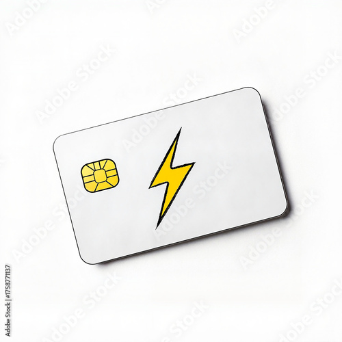 Minimalist credit card with lightning design on white background, energy