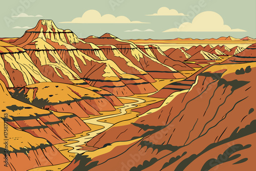 Modern vector of Badlands National Park canyon in layered earthy tones
