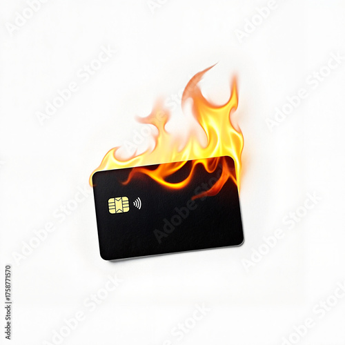 Credit card on fire with dynamic flames, dramatic product photography