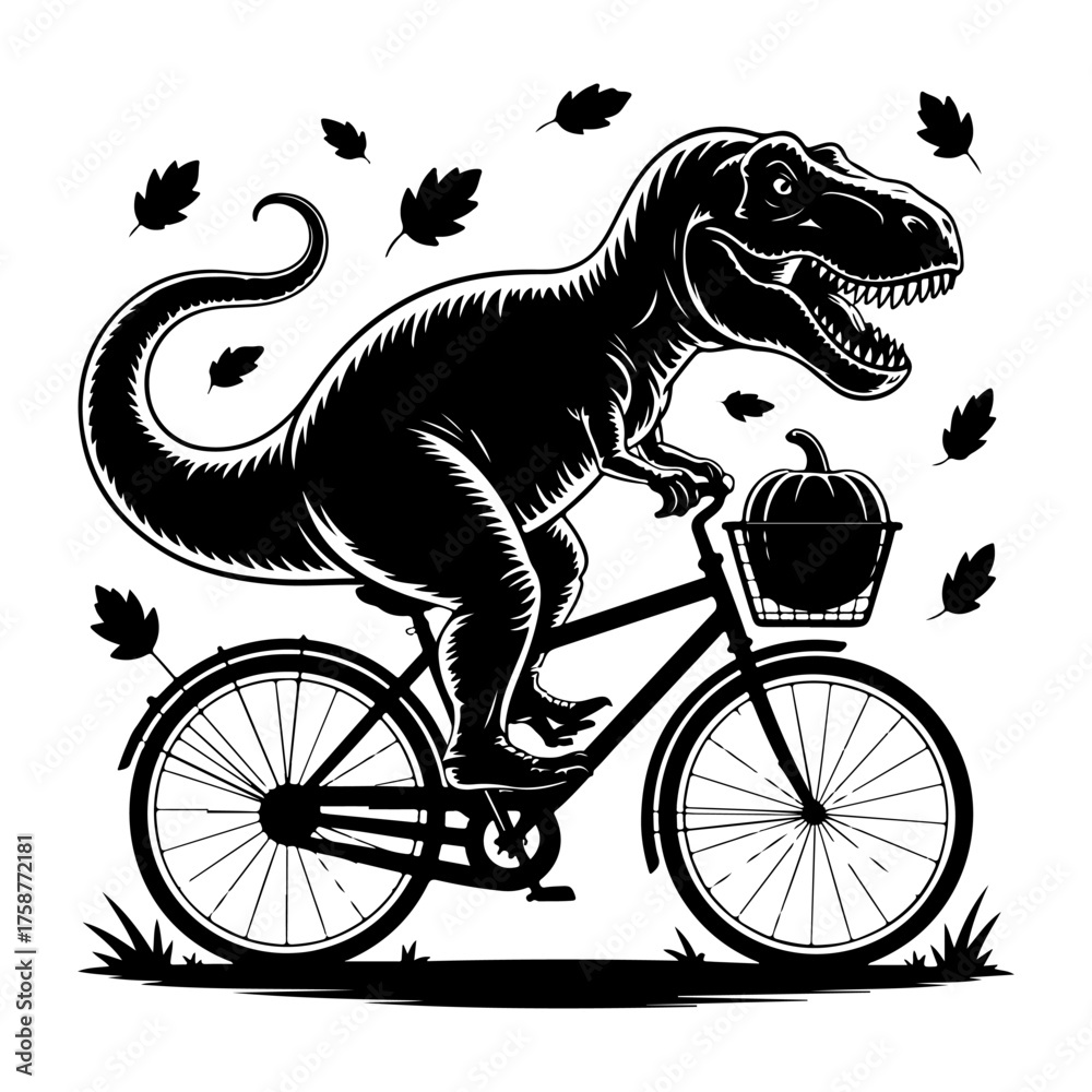 Obraz premium Dinosaur on a Bicycle with Pumpkin Basket Whimsical Adventure in Nature's Palette