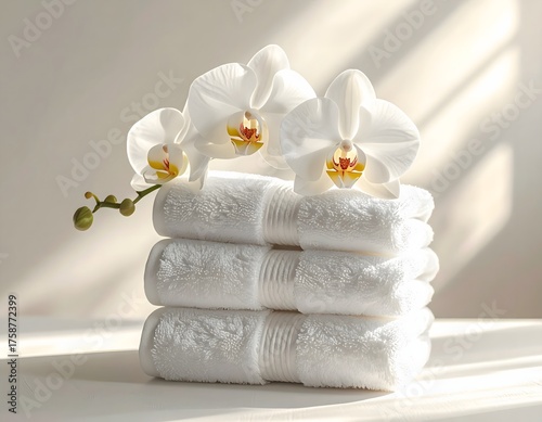 A stack of white folded towels adorned by white orchid flowers
